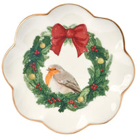 Desert Plate With Xmas Robin Wreath Decal