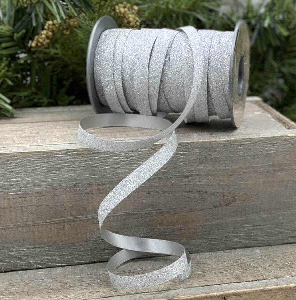 Silver Glitter Ribbon Roll 0.375 Inches x 109 Yards