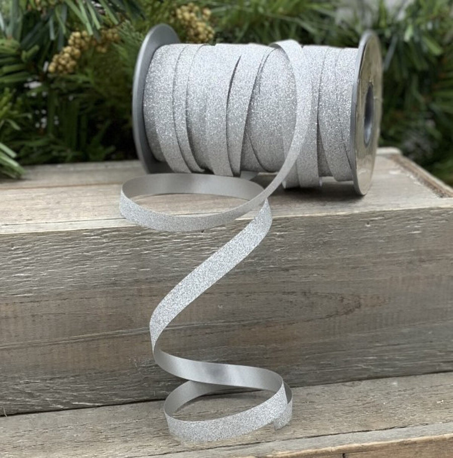 Silver Glitter Ribbon Roll 0.375 Inches x 109 Yards