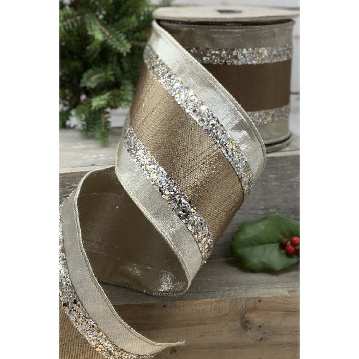 Brown Metallic Dupion Ribbon 4 Inch x 10 Yards