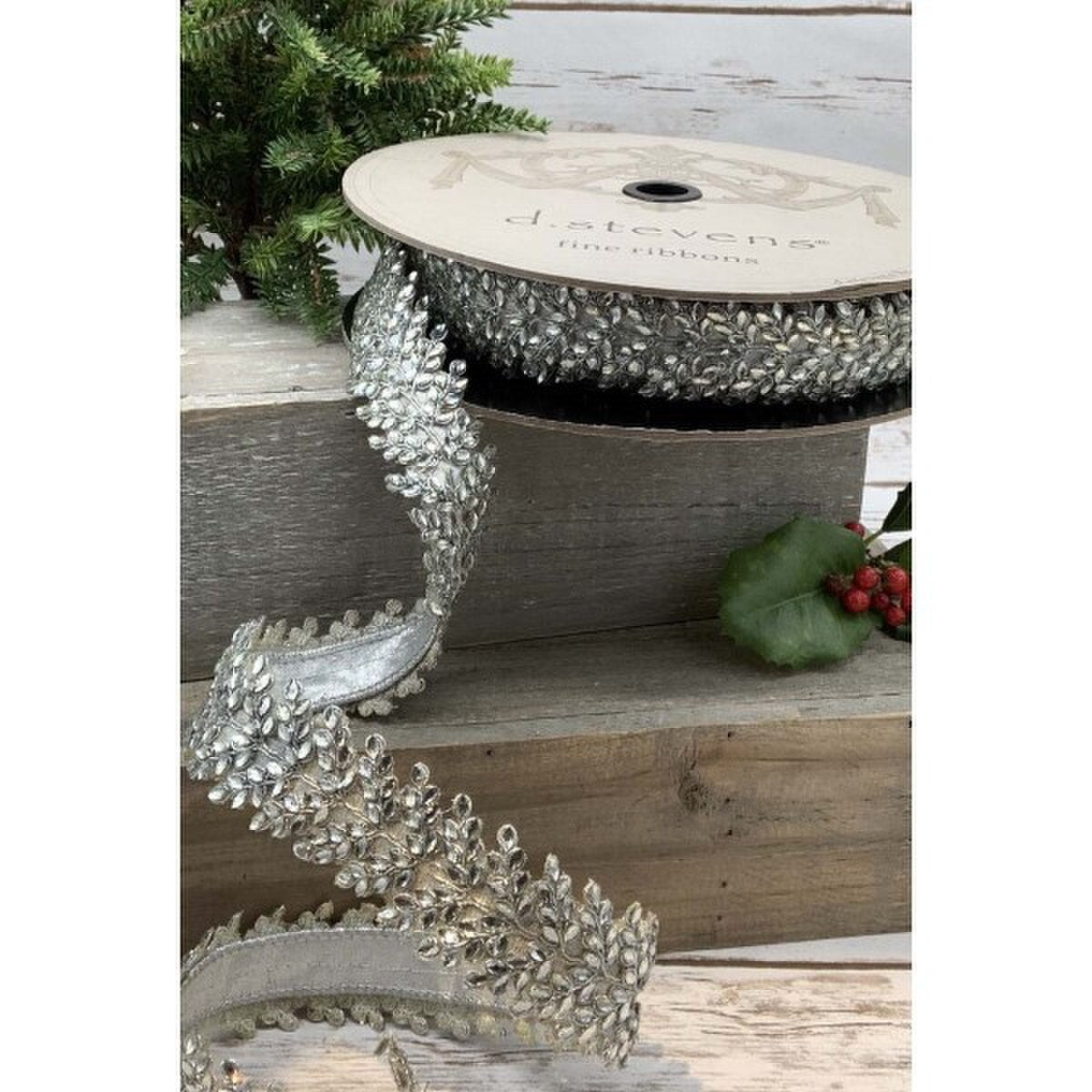 Faux Metallic Silver Ribbon with Crystal Branch Trim 1.5" x 10 Yds