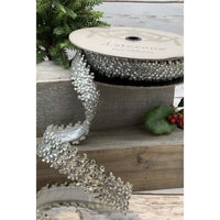 Faux Metallic Silver Ribbon with Crystal Branch Trim 1.5