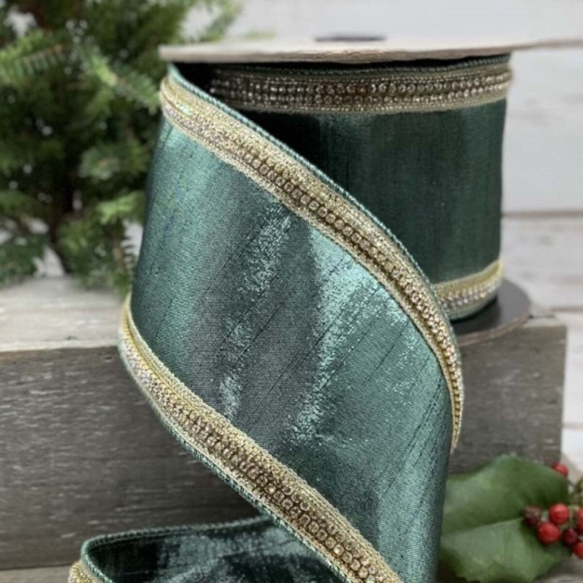 Faux Metallic Dupion Spa Ribbon with Crystal Side Trim
