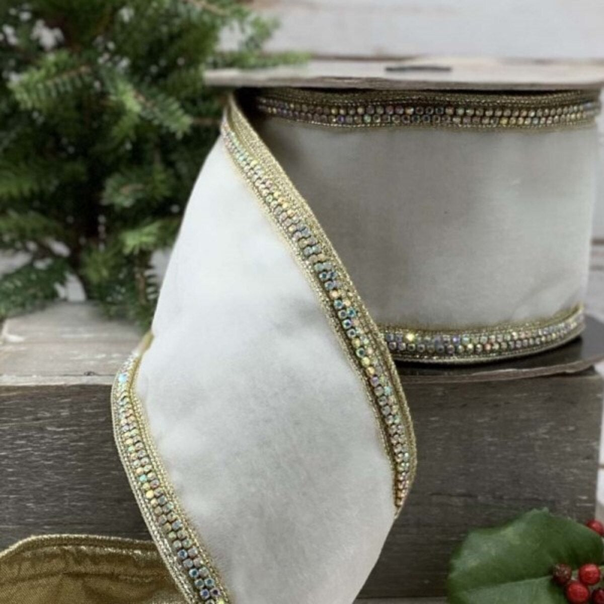 Winter White Velvet Iris Ribbon with Crystal Trim 4" x 5 Yds