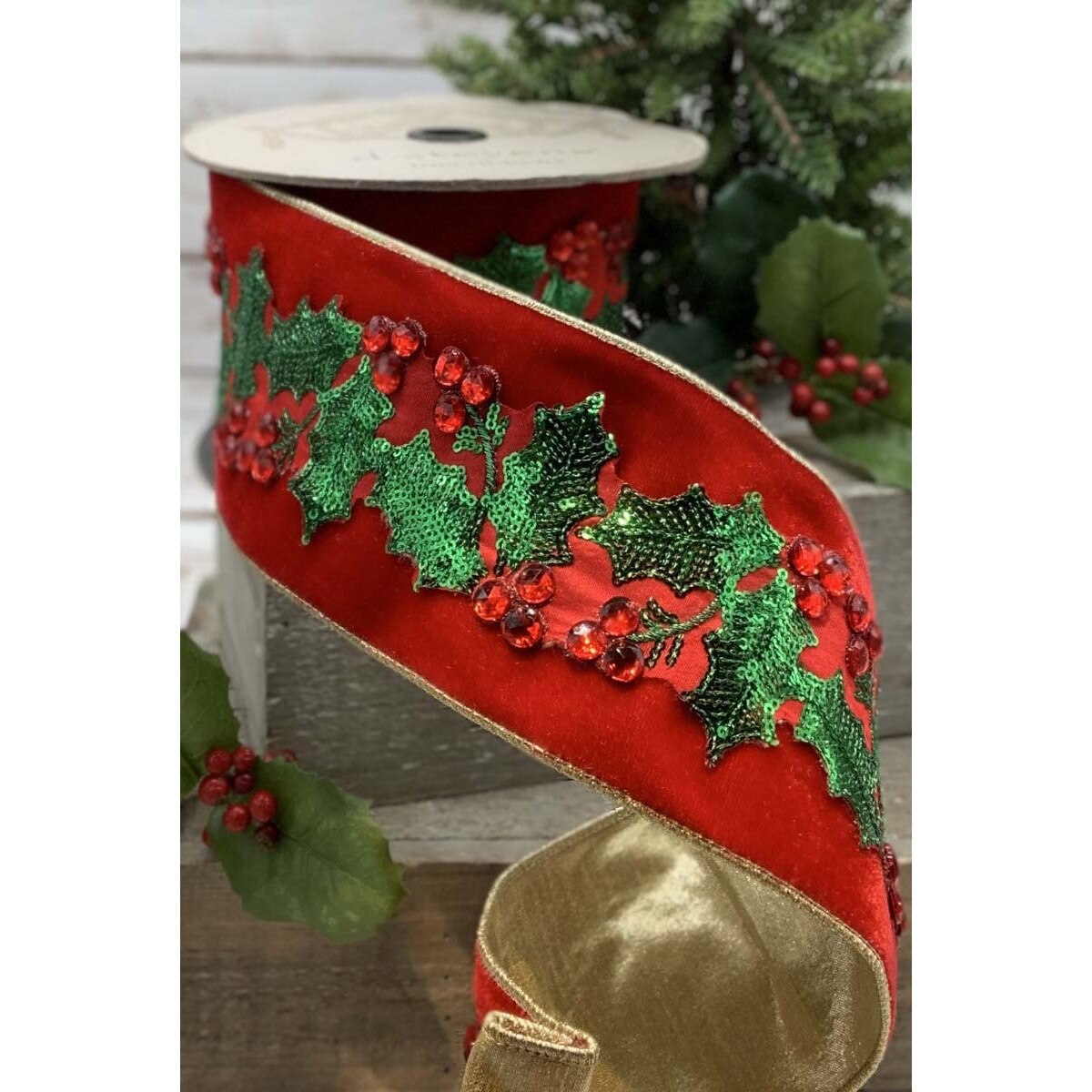 Hot Red Velvet Ribbon with Crystal Holly and Berry Trim