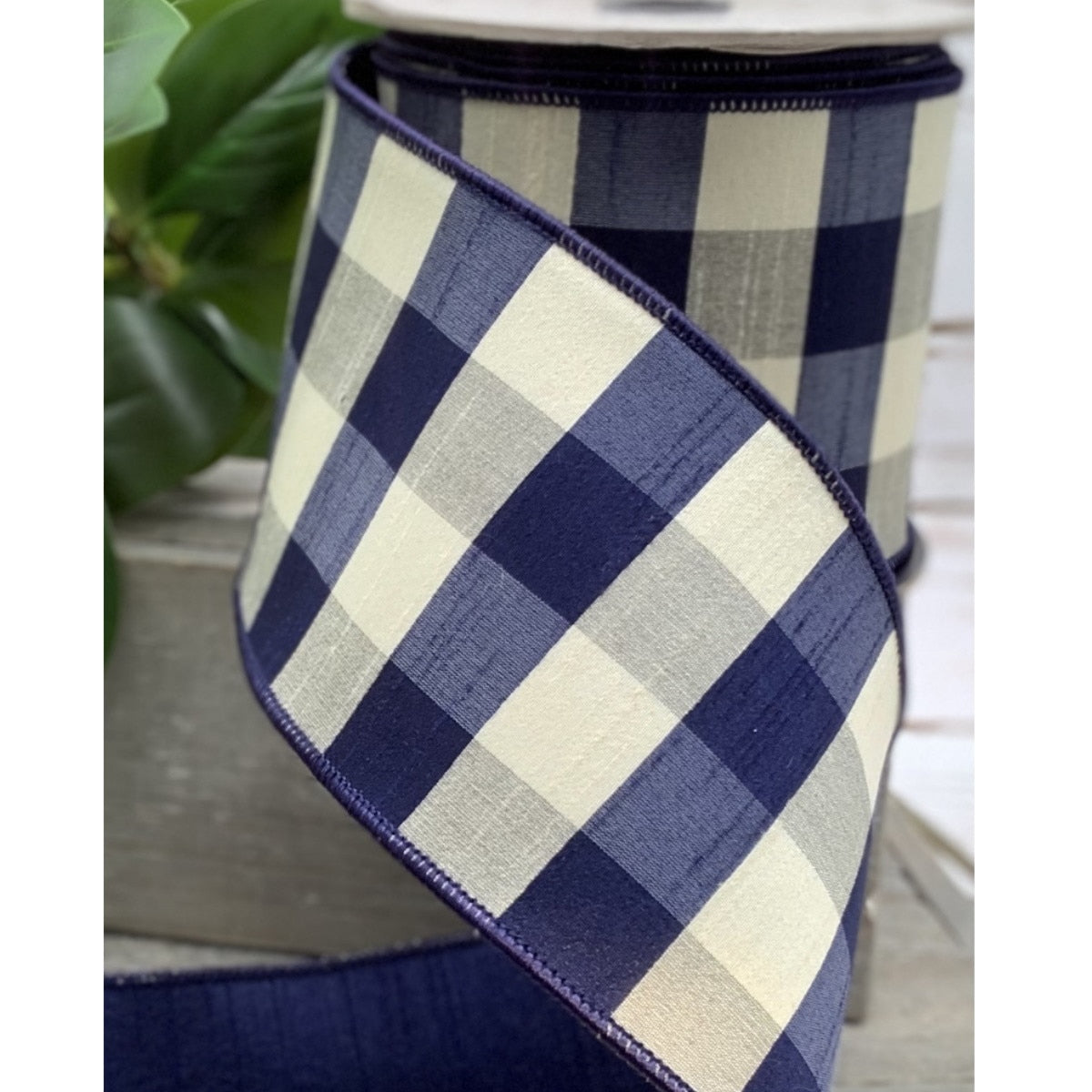 Navy Dupion Check Ribbon 4" x 10 Yds Navy-Cream Back