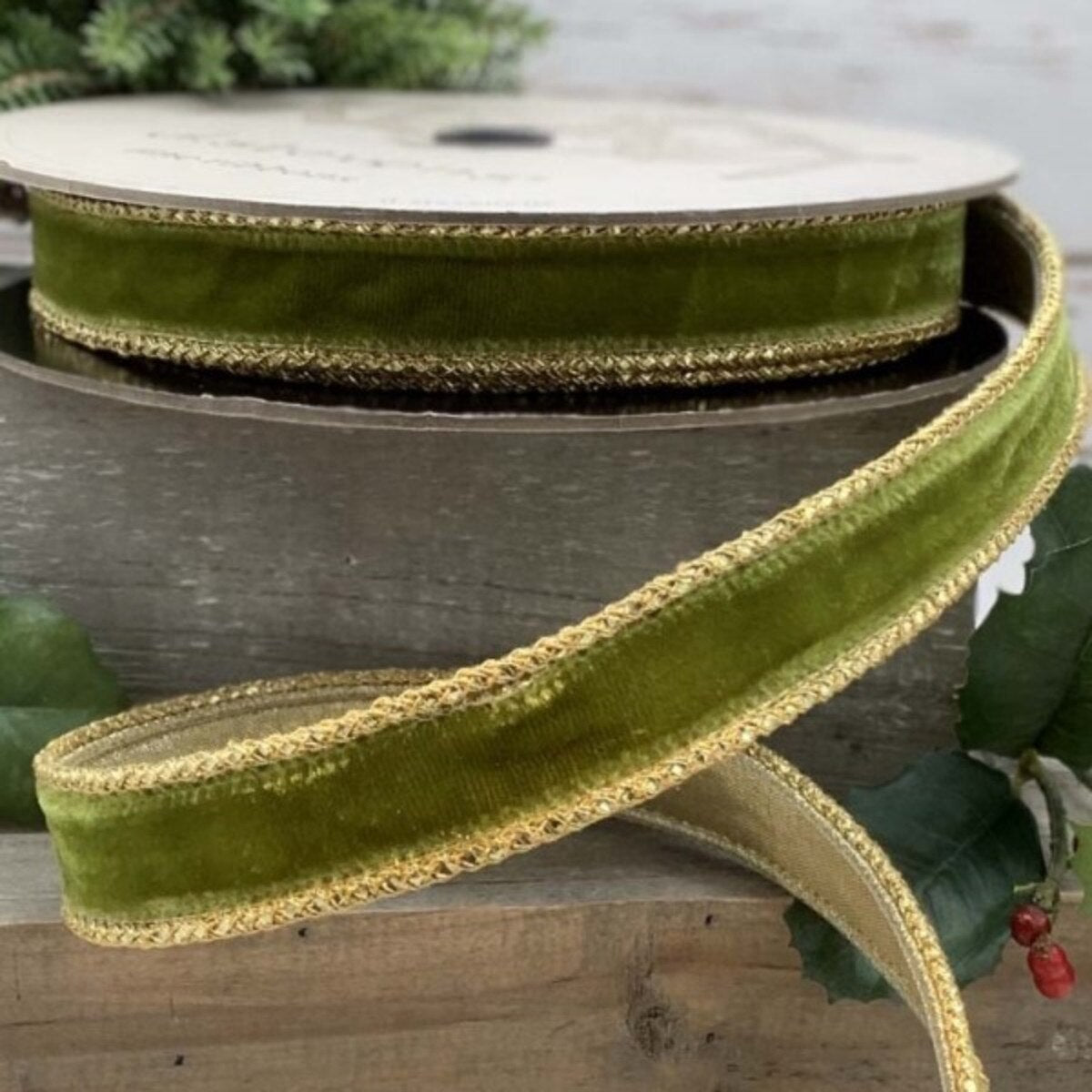 Moss Green Velvet Gold Braid Edge Ribbon 1 Inch x 10 Yds