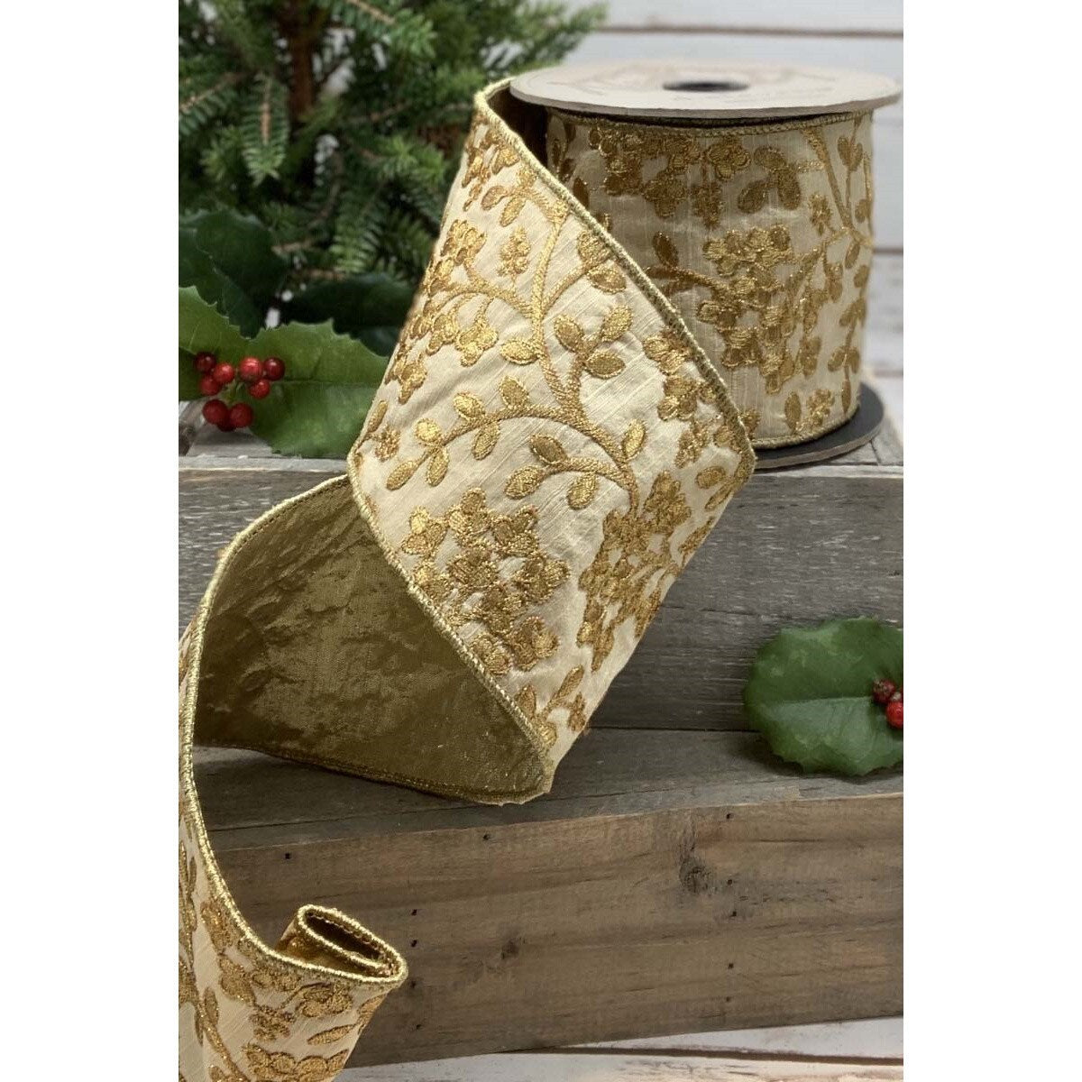 Gold Metallic Embroidery Faux Dupion Ribbon 4" x 5 Yds