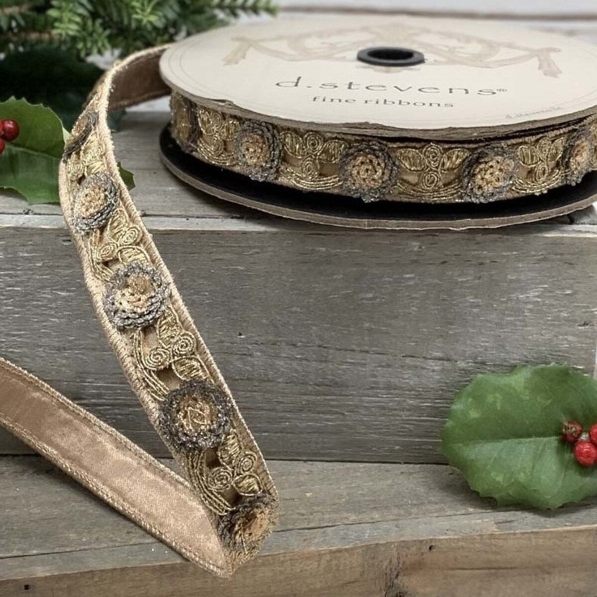 Faux Metallic Dupion Sequin Ribbon Grey-Rose Gold 1" x 10 Yds