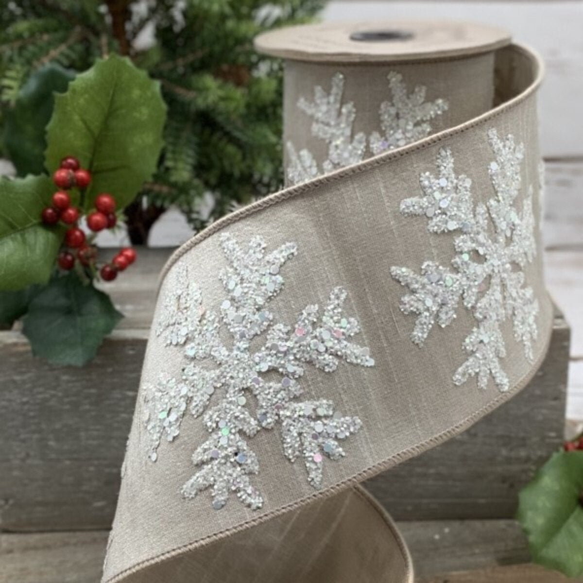 Snowflake White-Ecru Faux Dupion Matte Glitter Ribbon 4" x 5 Yds