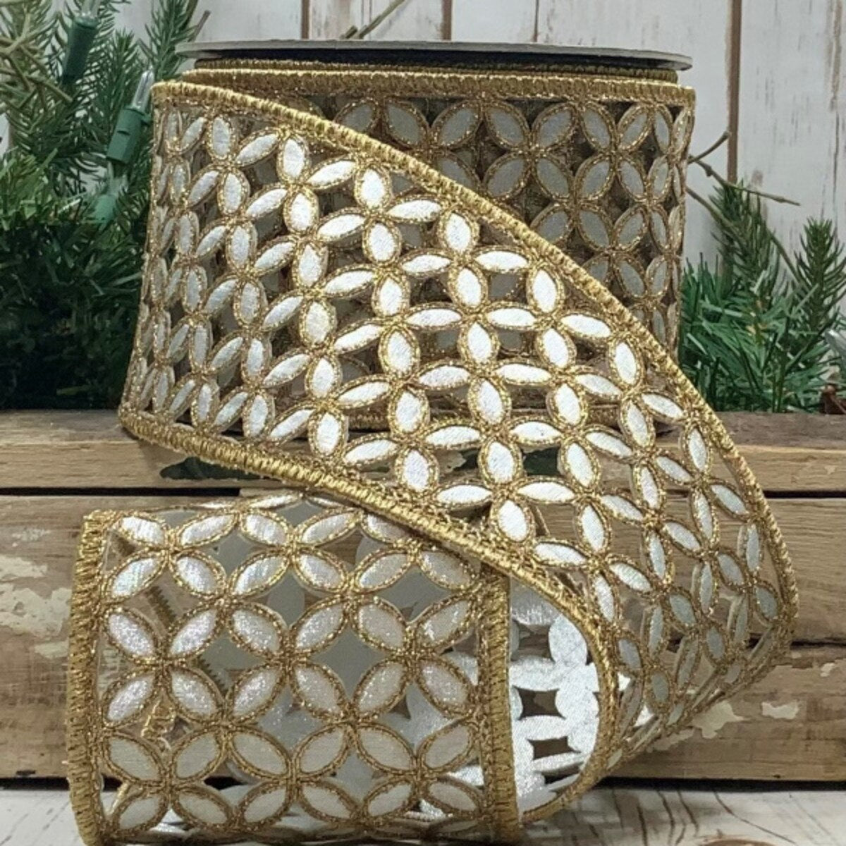 Metallic Floral Garland Silver Ribbon 4 Inch x 10 Yards