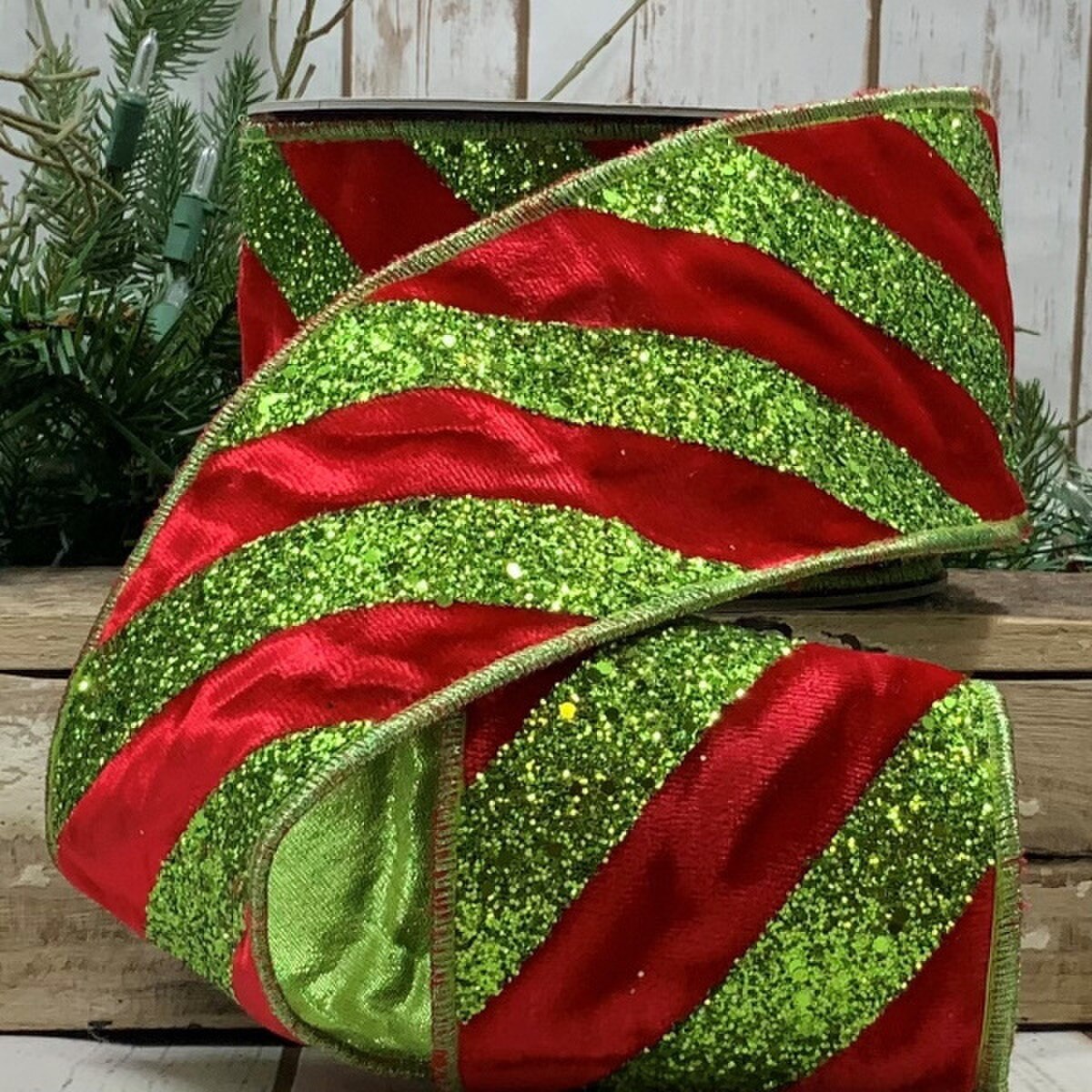 Red Green Velvet Glitter Diagonal Stripe Ribbon 4" x 10 Yds