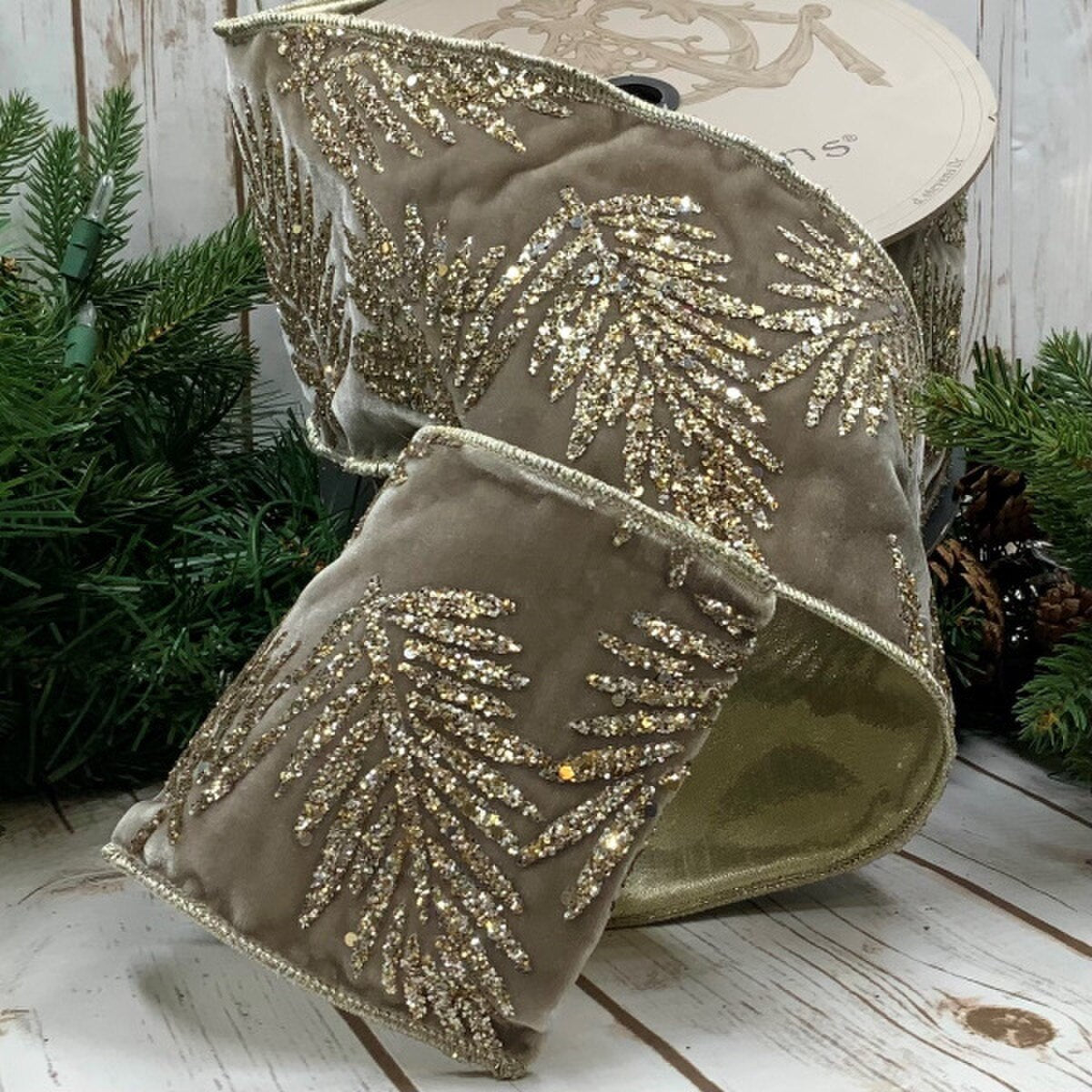 Platinum Velvet Glitter Leaves Ribbon 4 Inch x 10 Yards