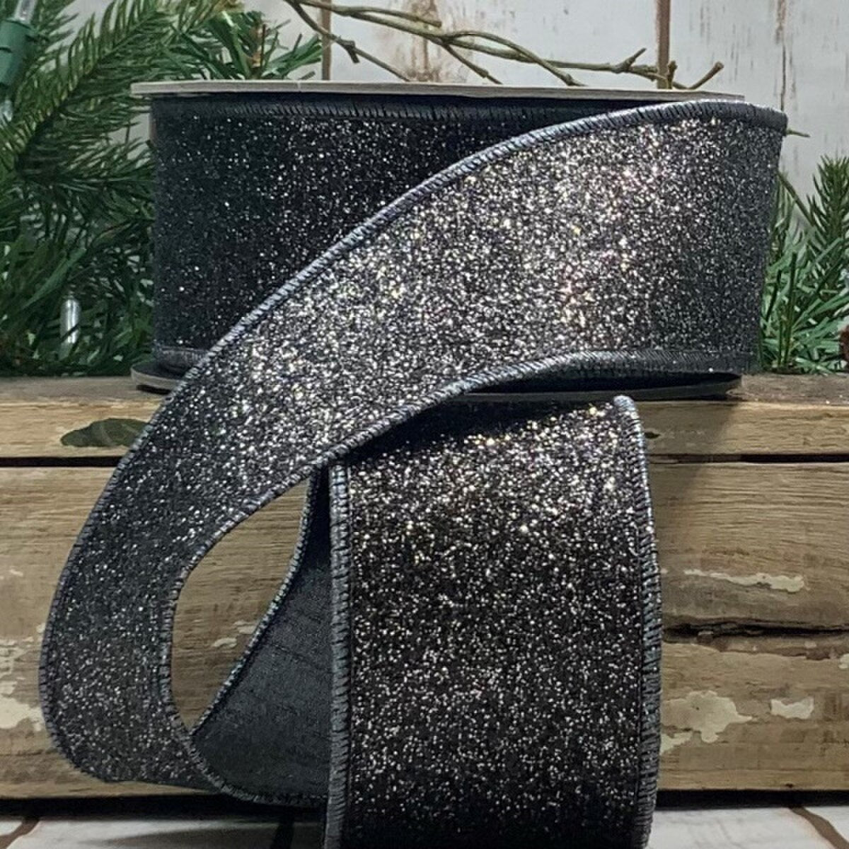 Glitter Metallic Silver Black Ribbon 2.5 Inch x 10 Yds
