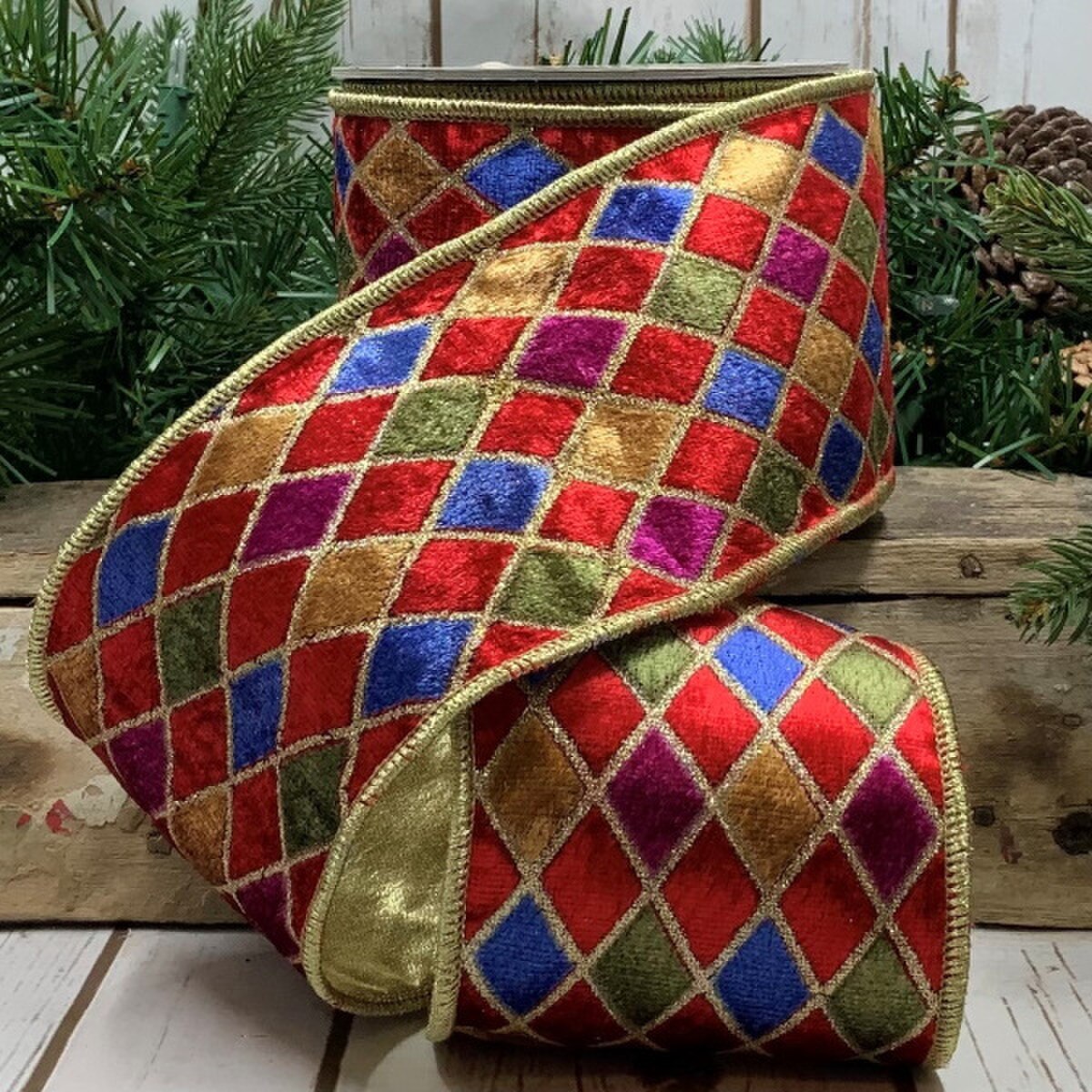 Harlequin Velvet Glitter Ribbon Red Blue Green 4" x 10 Yds
