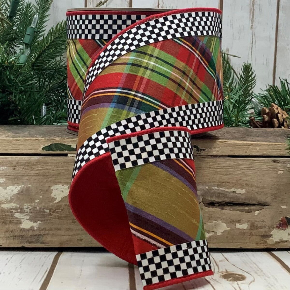 Plaid Check Edge Ribbon Red Green Blue 4" x 10 Yds