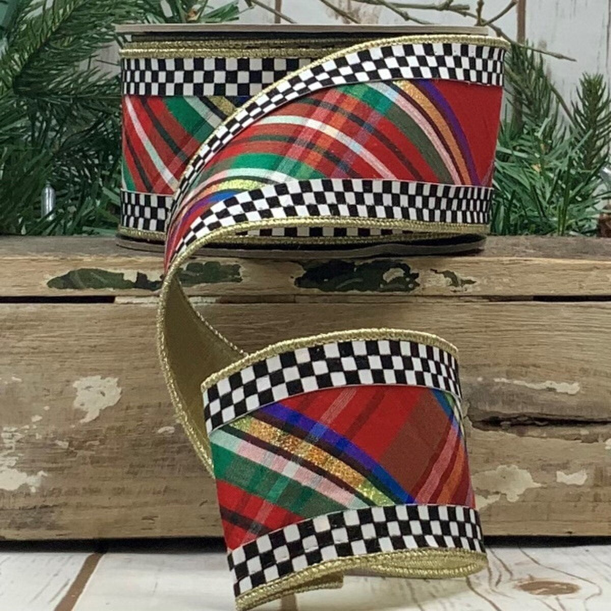 Dupion Plaid Check Edge Ribbon Red Green Blue 2.5" x 10 Yds