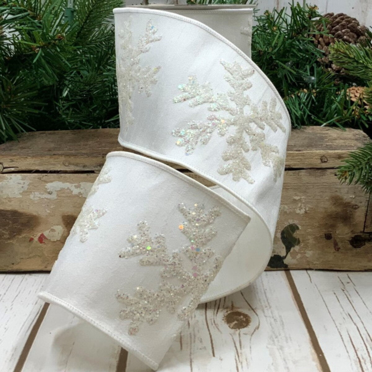 Winter White Faux Dupion Matte Glitter Ribbon 4" x 5 Yds