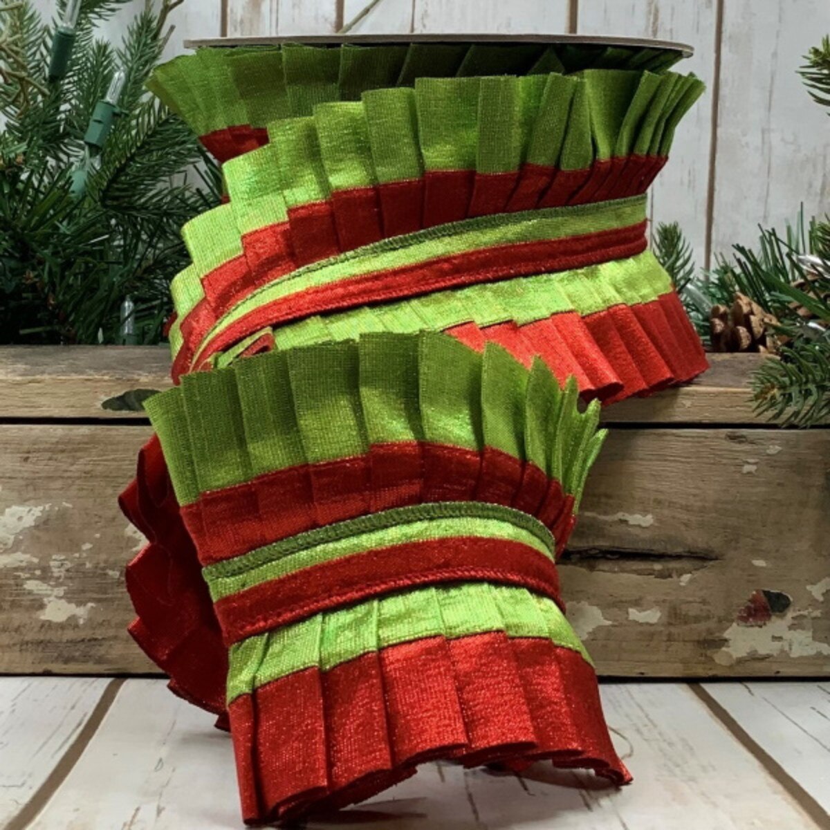 Metallic Dupion Ruffle Ribbon Lime Red 4 Inch x 5 Yards