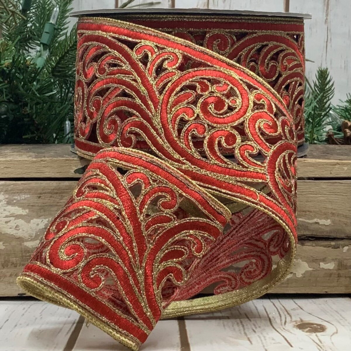 Metallic Scroll Garland Red Ribbon 3.5 Inch x 10 Yards
