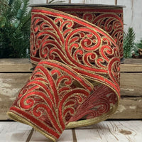 Metallic Scroll Garland Red Ribbon 3.5 Inch x 10 Yards