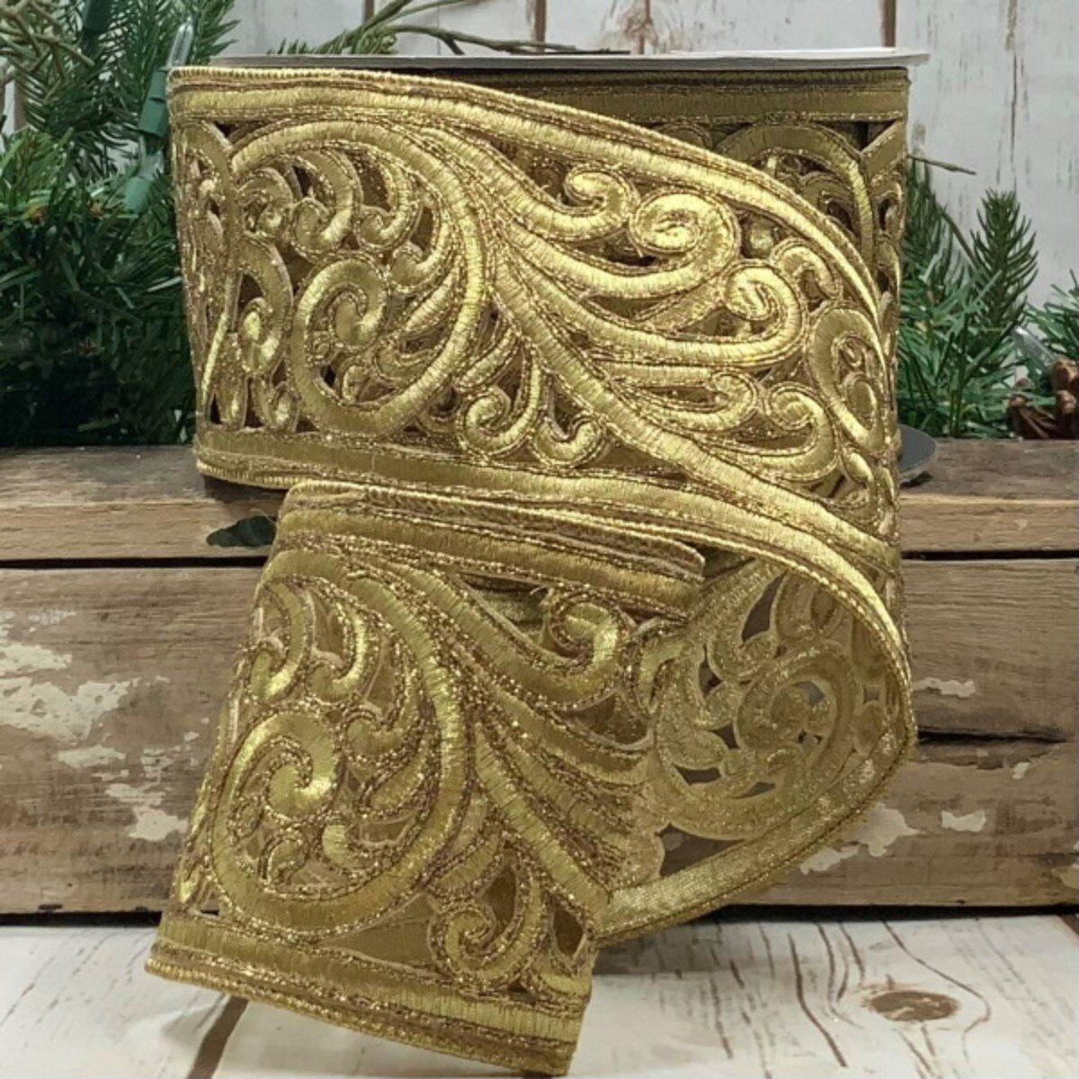 Gold Metallic Scroll Garland Ribbon 3.5" x 10 Yds