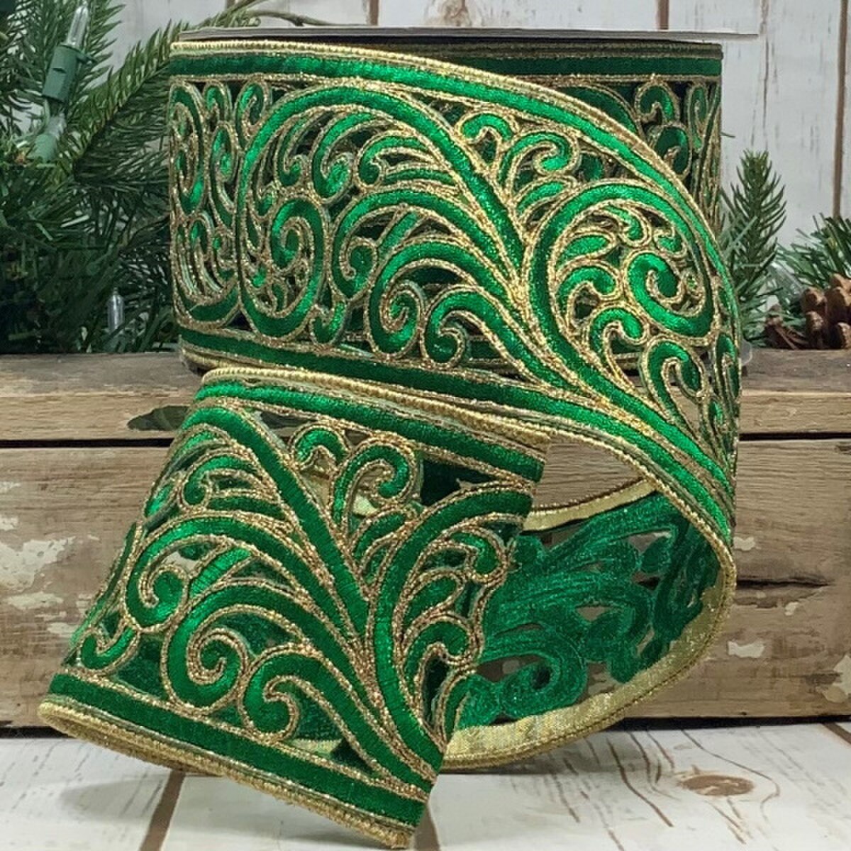 Emerald Metallic Scroll Garland Ribbon 3.5" x 10 Yds