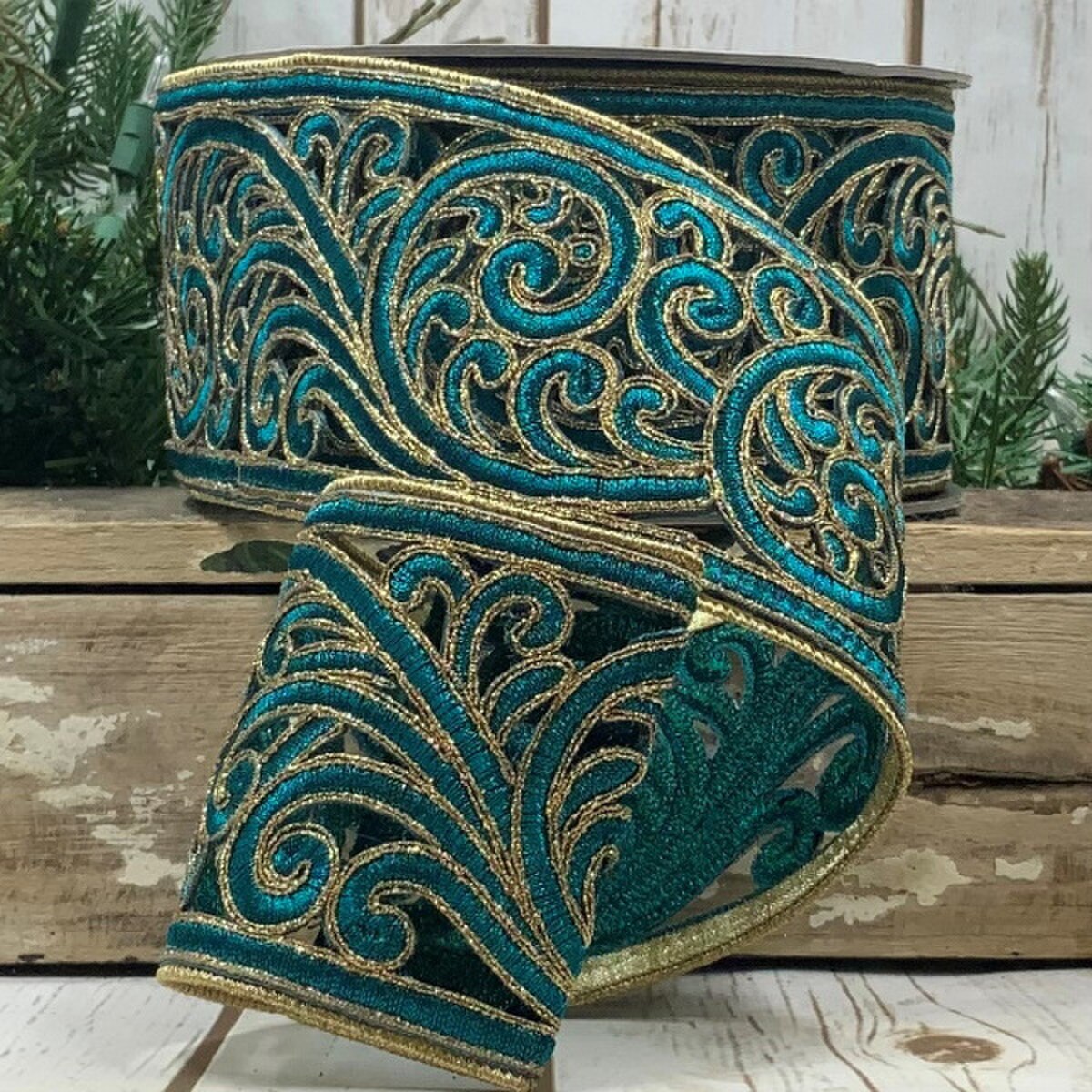 Teal Metallic Scroll Garland Ribbon 3.5" x 10 Yds
