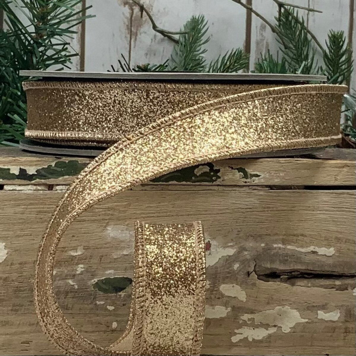 Gold Glitter Metallic Back Light Ribbon 1 Inch x 10 Yards