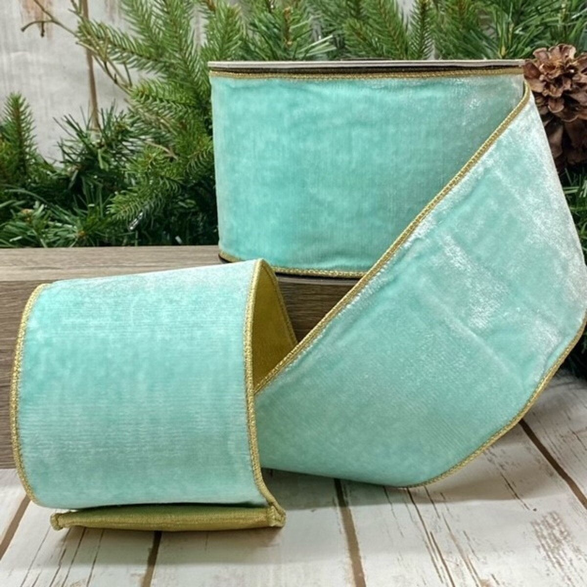 Ocean Water Ribbon Vp Lush Velvet Gold Back 4 Inch x 10 Yds