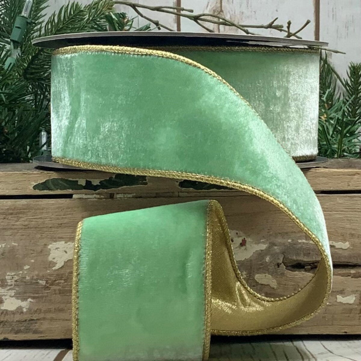 Mint Ribbon Vp Lush Velvet Gold Back 2.5 Inch x 10 Yds