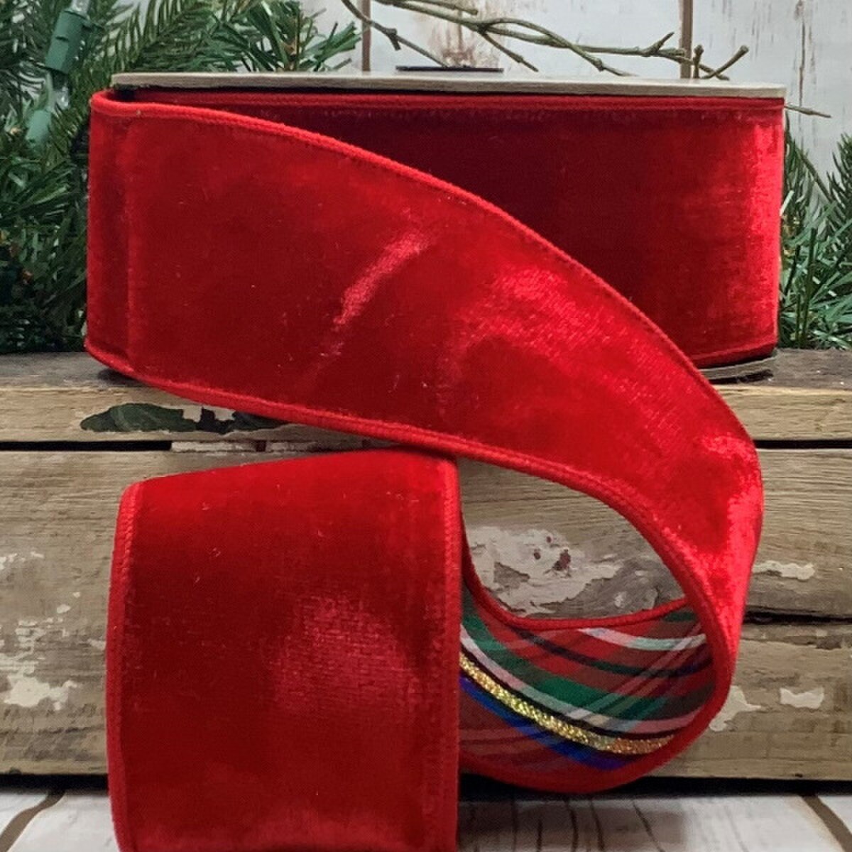 Velvet Red Ribbon with Nutcracker Plaid Backing 2.5" x 10 Yds