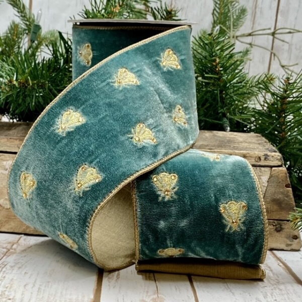 Celadon Velvet Embroidery Bee Ribbon 4 Inch x 5 Yards