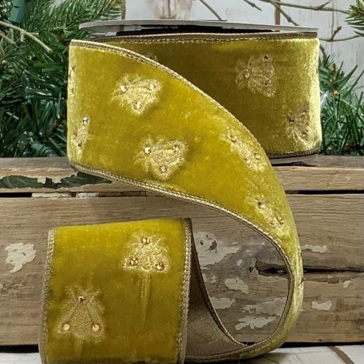 Olive Velvet Embroidery Bee Ribbon 2.5 In x 5 Yds