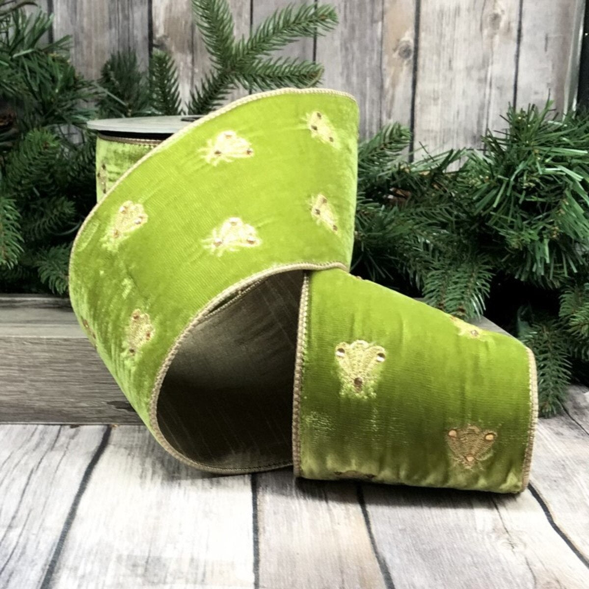 Moss Green Velvet Embroidery Bee Ribbon 4 Inch x 5 Yds