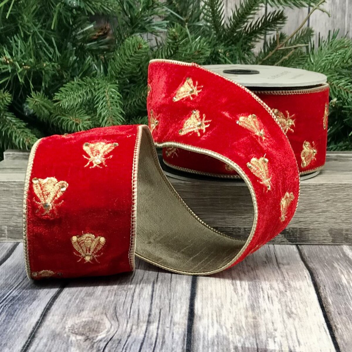 Red Velvet Embroidery Bees Ribbon 2.5 Inch x 5 Yards