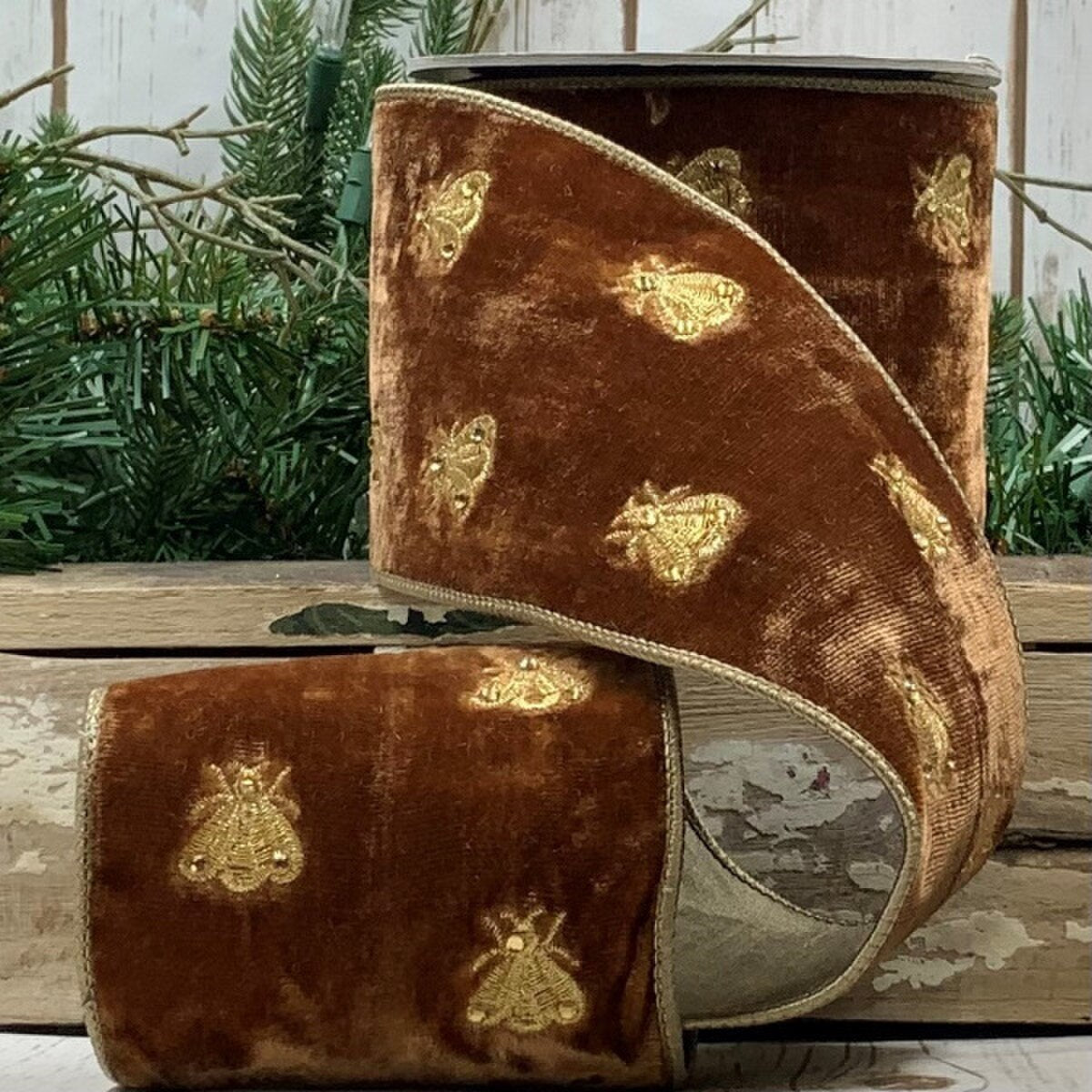 Brown Velvet Embroidery Bee Ribbon 4 Inch x 5 Yards