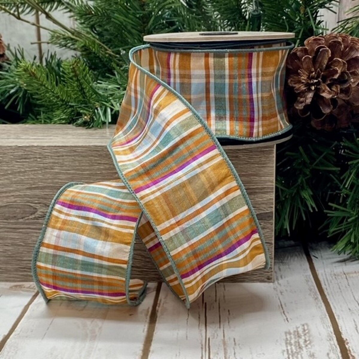 Plaid Dupion Ribbon Brown Celadon 2.5 Inch x 10 Yards