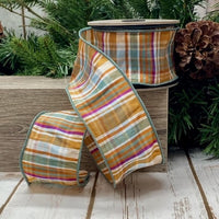 Plaid Dupion Ribbon Brown Celadon 2.5 Inch X 10 Yards