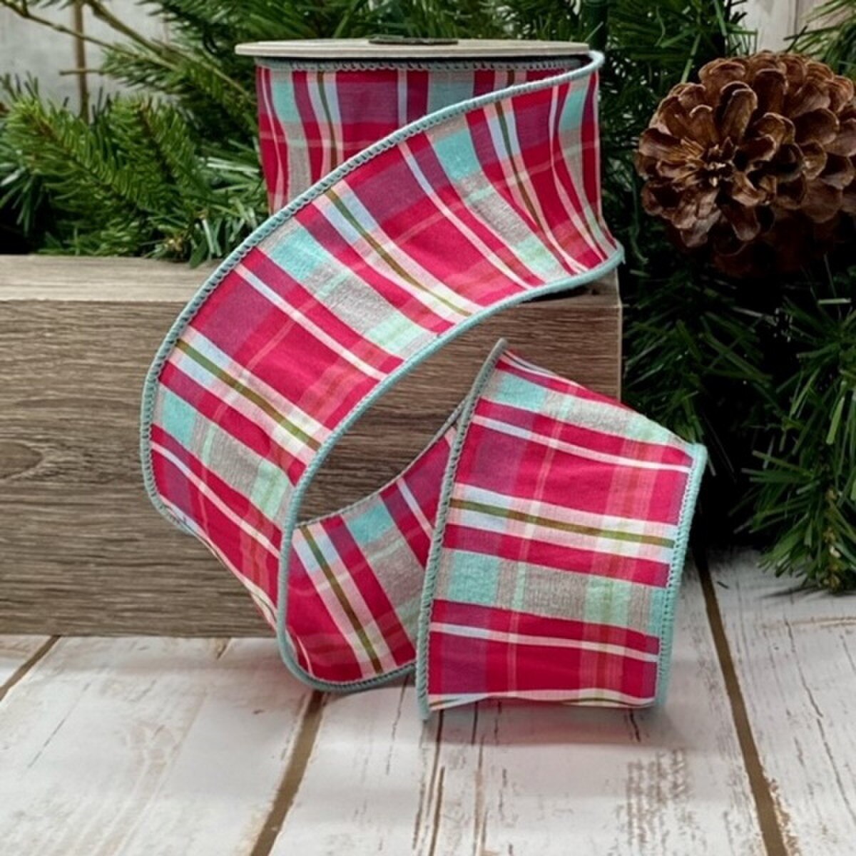 Christmas Plaid Ribbon Hot Pink Celadon 2.5 Inch 10 Yards