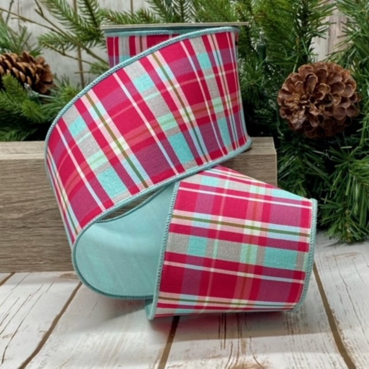 Fused Plaid Ribbon Hot Pink Celadon 4 Inch x 10 Yards