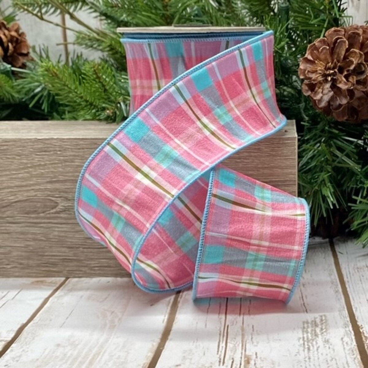 Pink Aqua Dupion Spring Plaid Ribbon 2.5" x 10 Yds
