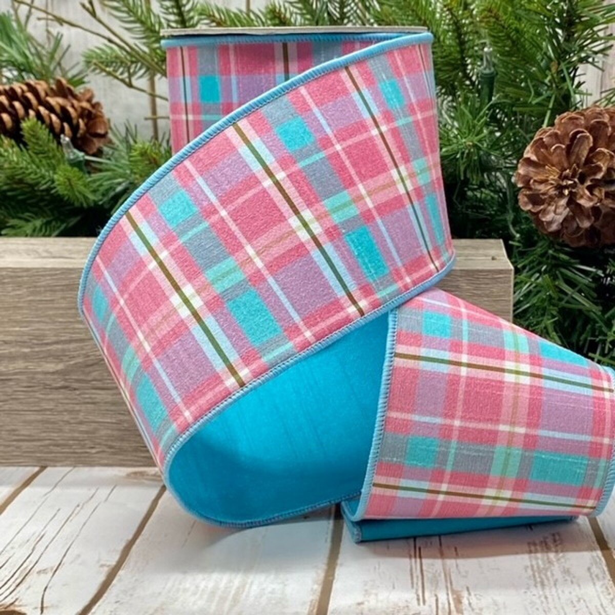 Plaid Dupion Ribbon Pink Aqua 4 Inch x 10 Yards