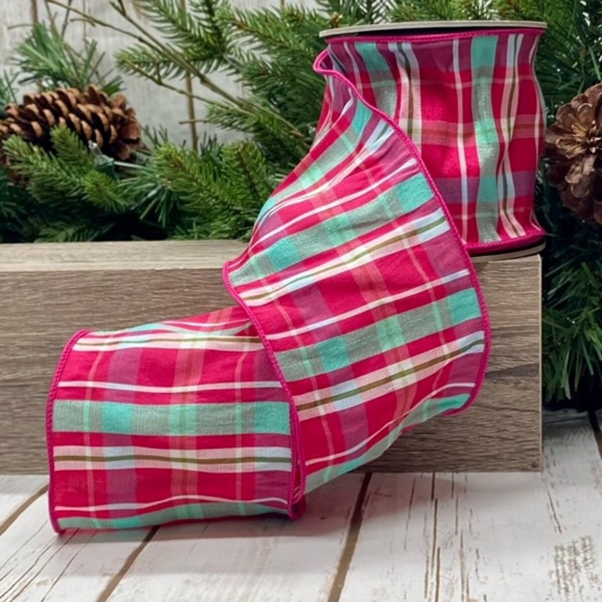 Hot Pink-Celadon Dupion Plaid Ribbon 4 Inch x 10 Yards
