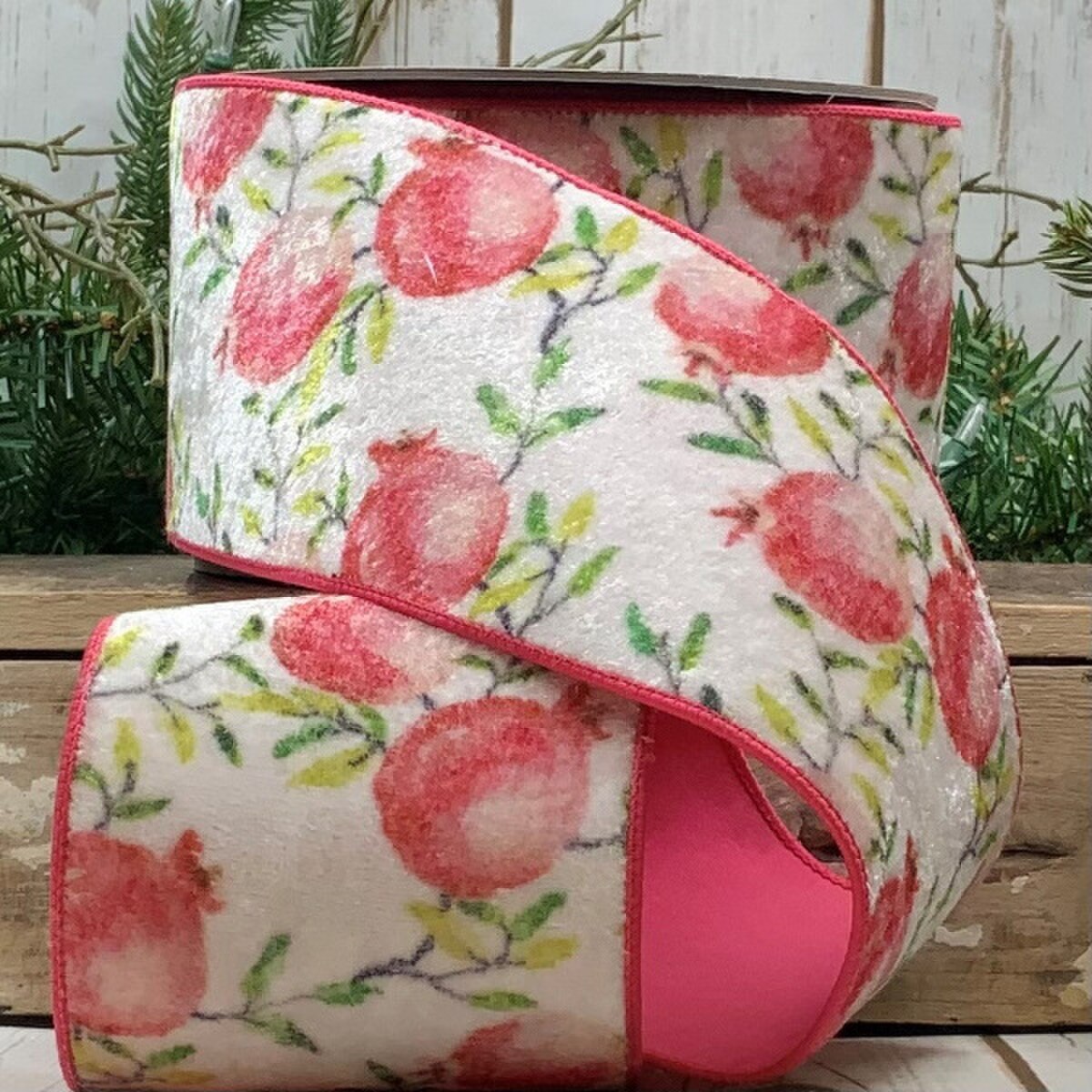 Winter White Velvet Pomegranate Print Ribbon 4" x 10 Yds