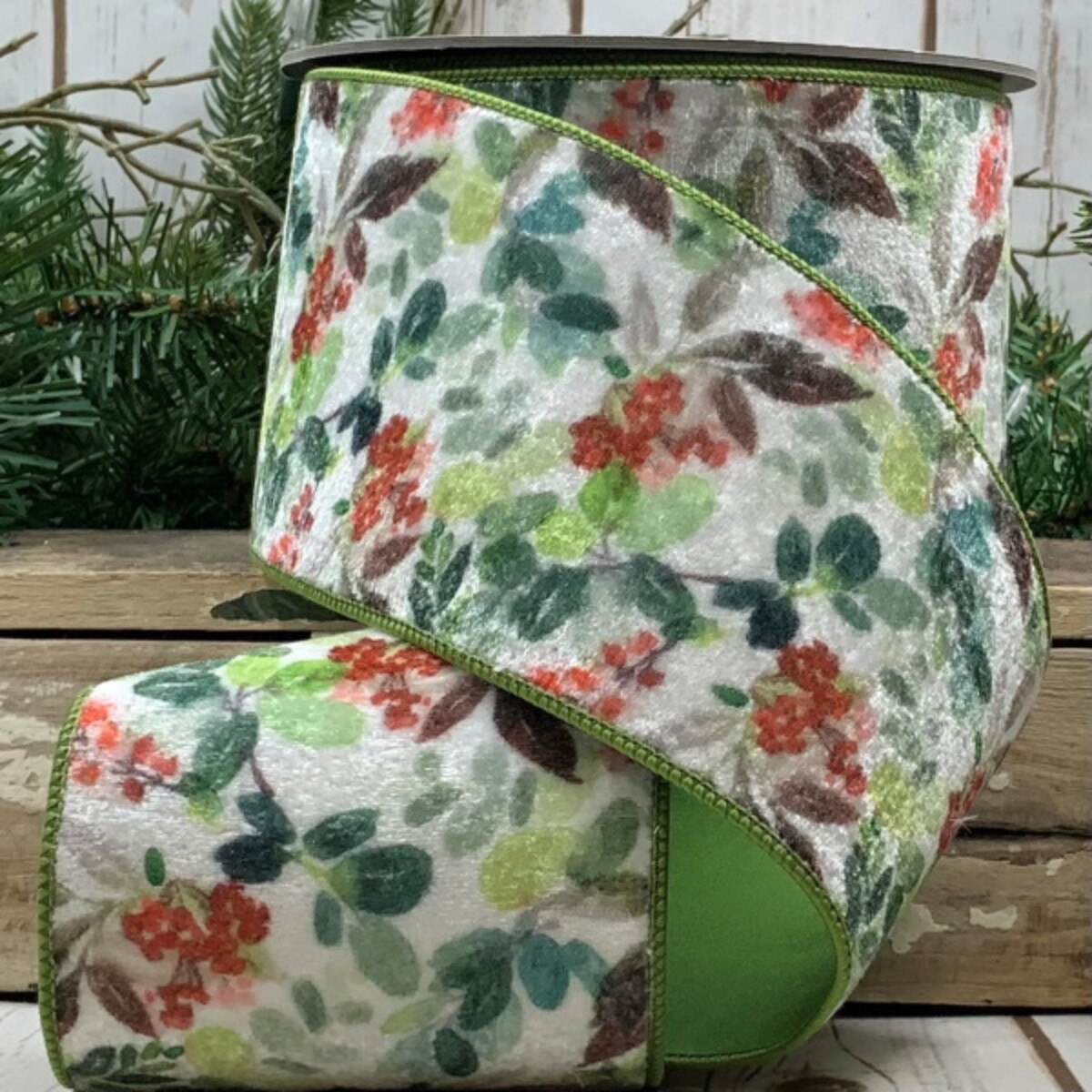 Winter White Velvet Berry Print Ribbon 4 Inch x 10 Yards