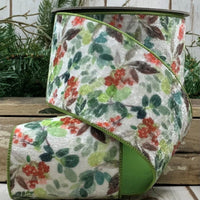 Winter White Velvet Berry Print Ribbon 4 Inch x 10 Yards