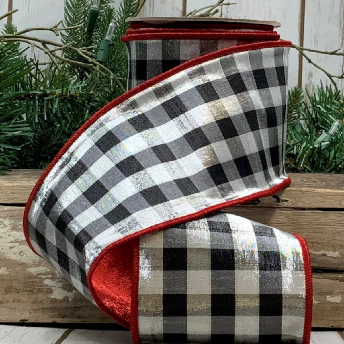 Red Metallic Dupion Checks Ribbon 4" x 10 Yds