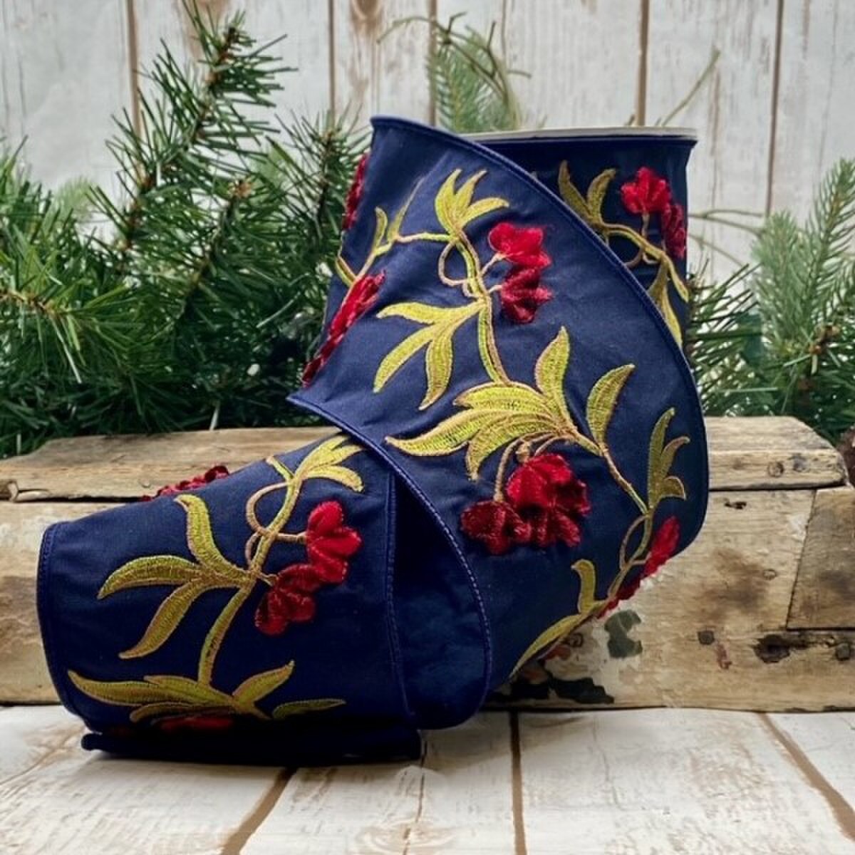 Navy Dupion Embroidery Flower Ribbon 4" x 5 Yds