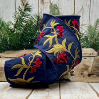 Navy Dupion Embroidery Flower Ribbon 4